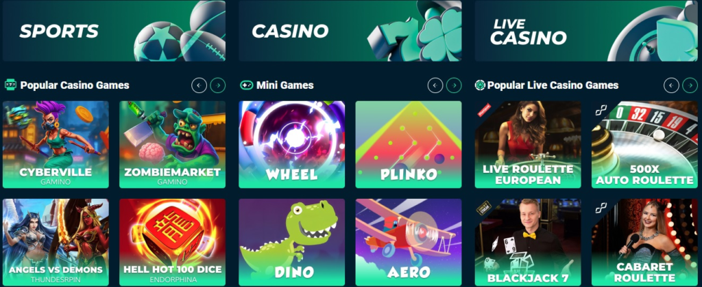 Online casino games including slots, live dealer tables, and jackpot games